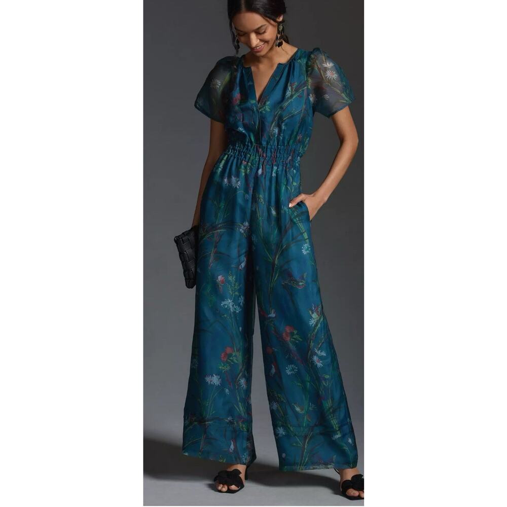 NWT Anthropologie Teal Floral Jumpsuit - Picture 2 of 16